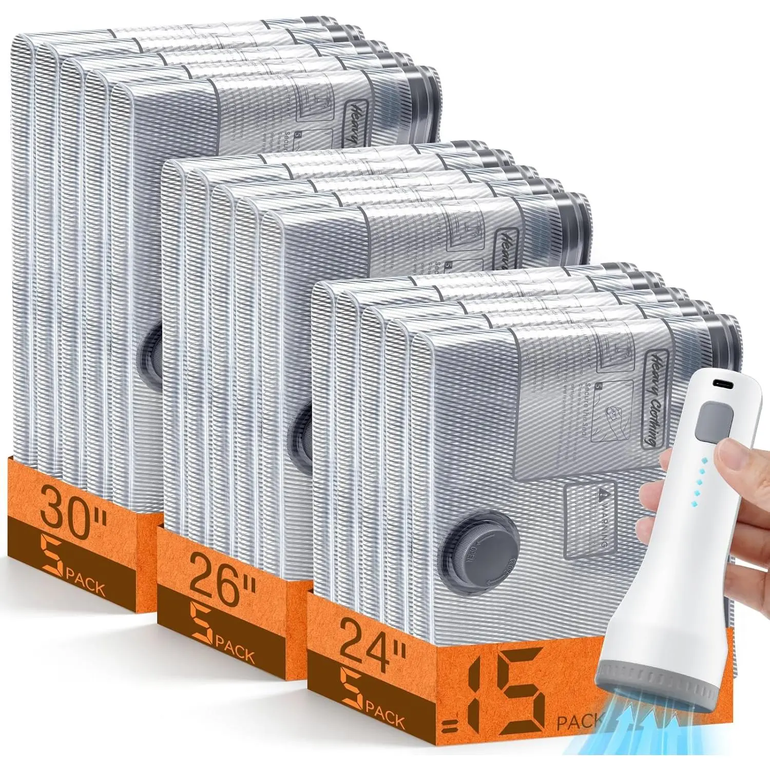15 Pack Vacuum Storage Bags for Travel with Rechargeable Cordless Pump, Space Saver Bags for Clothes, Compression Packing Bags for Luggage and Suitcase