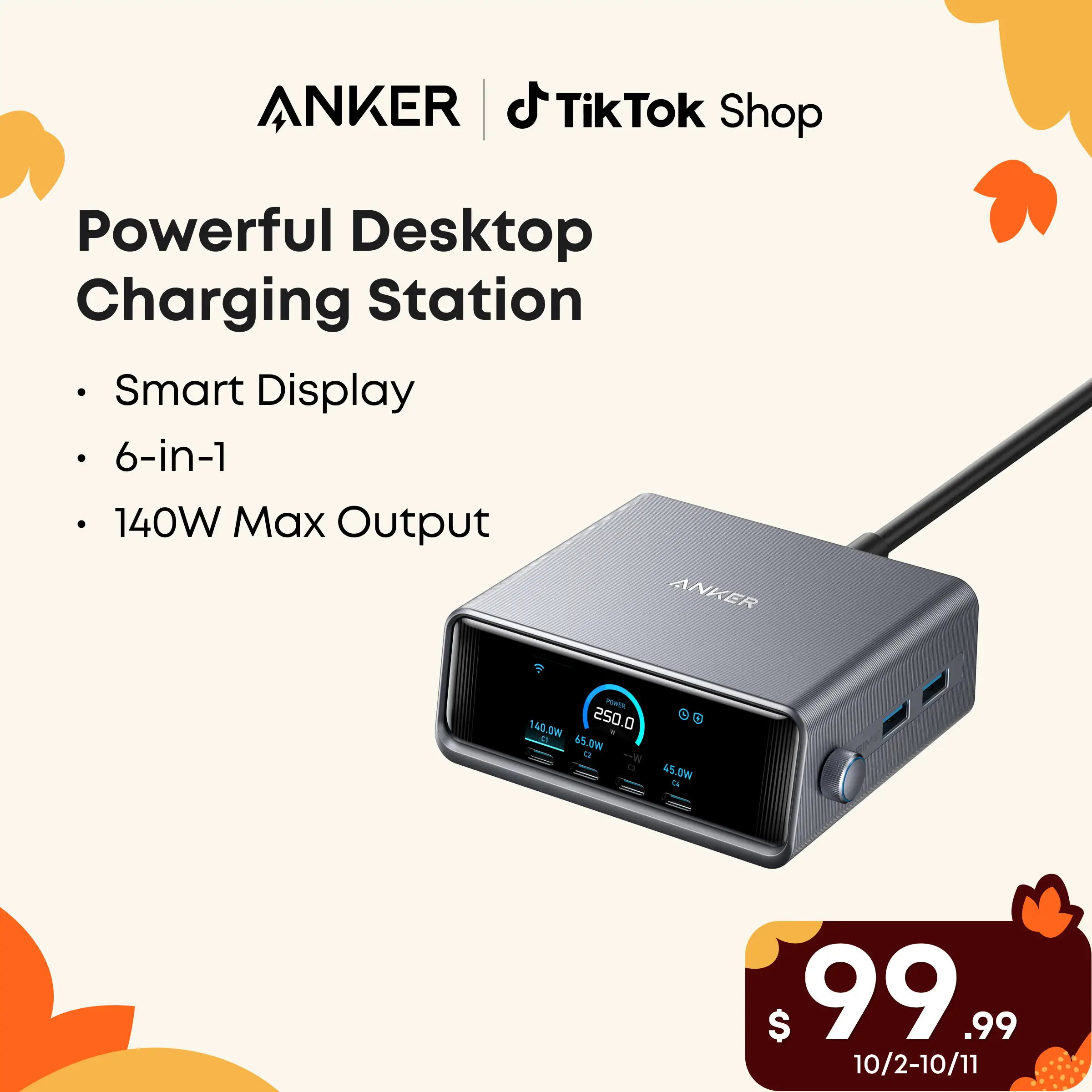 Anker Prime Charger, 250W GaN Prime USB-C Charging Station, Ultra-Fast 6 Ports, 2.26" LCD Display and Smart Control Dial (Silver)