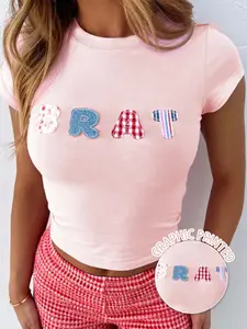 Women's Letter Print Round Neck Tee, Casual Short Sleeve Crew Neck T-shirt for Daily Wear, Ladies Clothes for All Seasons, Womenswear