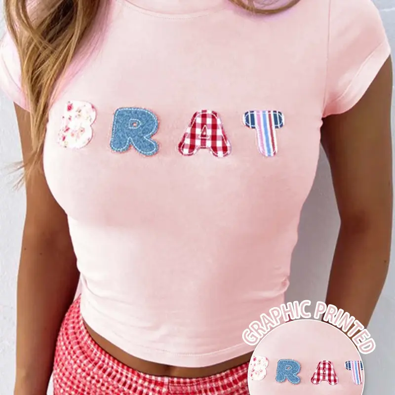 Women's Cropped Crew Neck Short T-Shirt, Cute English Letter Graphic Print, Youthful Sweet, Versatile Casual Top, Trending Cropped Tee & Graphic Tshirt, For Campus Outings, Daily Shopping, Friends Hangouts & Everyday Layering