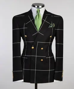 Dark Blue Grid Double-Breasted Jacket | Signature Peak Lapel | The Third Gentleman