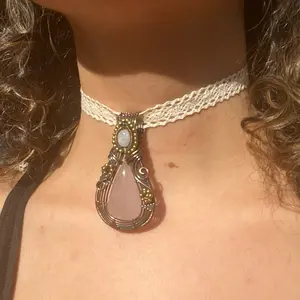 Rose Quartz with Moonstone dollop, Copper wire-wrapped, Handmade Lace Choker Necklacee