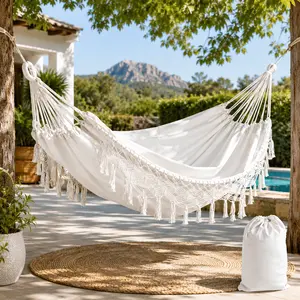 Elon  Hammock Extra Large Macrame Hammock with Tassel Fringe White Indoor Outdoor Tree Hammock with Carrying Bag for Porch Backyard Camping Patio Garden Relaxing Cotton Rope Hammock Swing Bed Outdoor Lounge Decor1