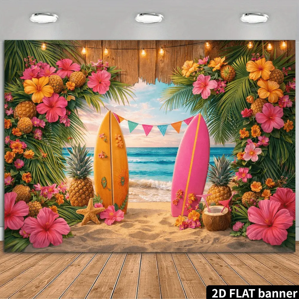 1PC,2D Flat Backdrop Summer Beach Surfboard Theme Party Decorative Backdrop, Tropical Flower & Pineapple Element Festival Background Curtain, Hawaiian Style Birthday Party Photo Backdrop Wall