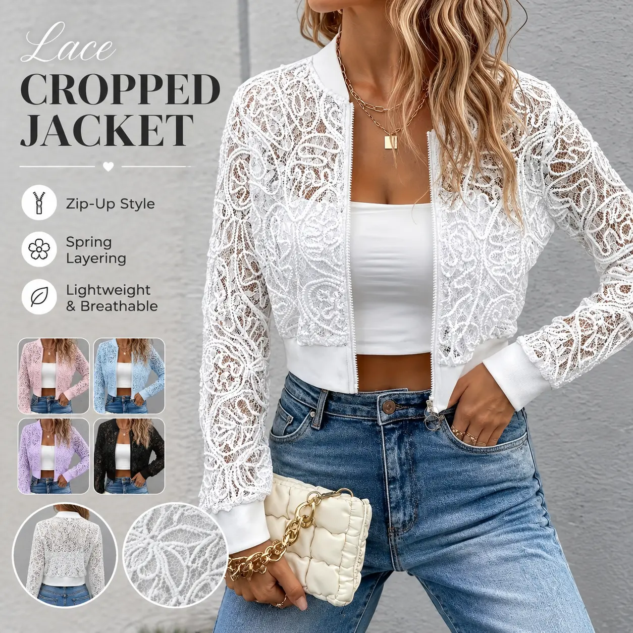 Women’s Lace Cropped Jacket, Floral Sheer Zip-Up Cardigan, Long Sleeve Lightweight Spring Layering Top