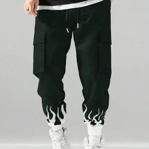 Men's Black Flame Print Workwear Jogger Pants - Street Style Trendy Design with Multi-Pocket Functionality, Adjustable Drawstring Waistband and Elastic Ankle Cuffs, Slim Fit for a Stylish Look, Perfect for Casual Outings with Friends or Attending Street P
