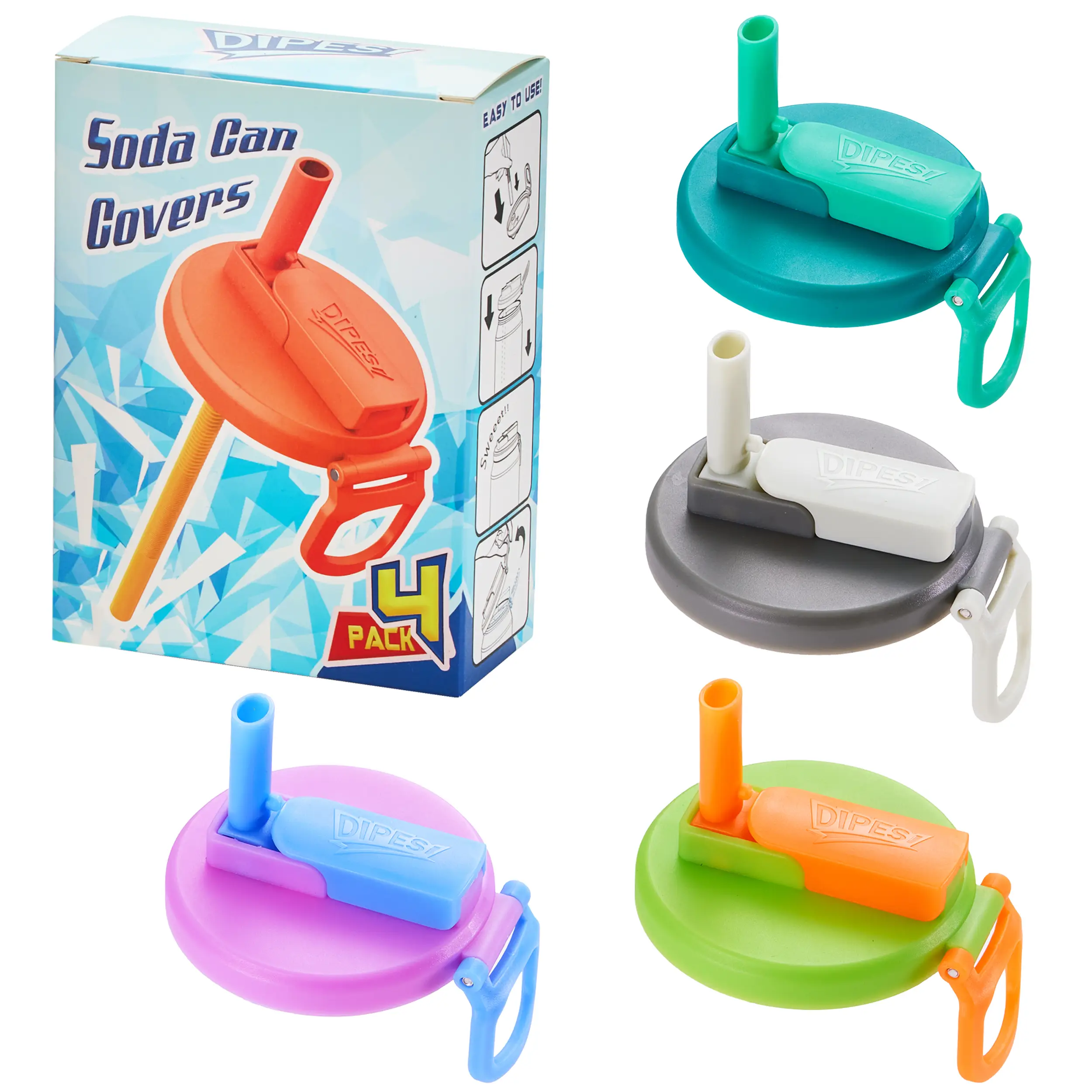 DIPESI 4-Pack BPA-Free Soda Can Lids with soft Silicone Straw -Reusable Lids for Carbonated & Beverages & Juice & Soda Water drink covers(Colorful M