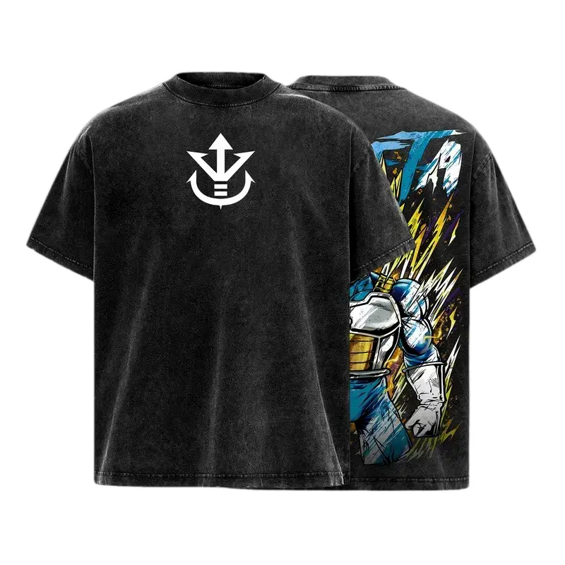 Vintage Washed Anime Fighter Shirt - Oversized Golden Saiyan Prince Tee, Heavyweight Cotton Acid Wash Streetwear, Double-Sided Graphic Back Gym Pump Cover, Unisex Super Power Warrior Short Sleeve Top for Men & Women, Cool Dragon Hero Workout Tee