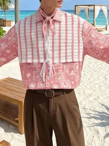 Men's Colorblock Striped Shirt with Tie-Detail, Stripe Lace Print, Short Sleeve Design, Trendy Casual Wear for Tropical Summer Travel, Casual Stylish Menswear