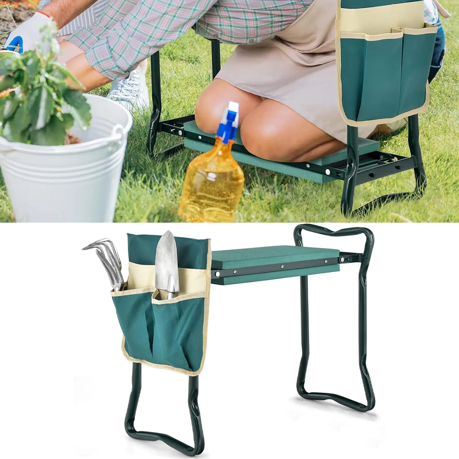 Garden Kneeler Seat with Upgraded Thicken Kneeling Pad and 1 Large Tool Pouch, Foldable Stool 330lb Capacity-Protects Your Knees, Clothes from Dirt & Grass Stains
