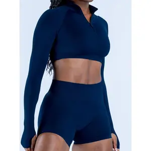 Gym 1/4 Tight Half Zipper Thumb Hole Long Sleeve Jacket Women's Seamless Yoga Sportswear Breathable Fitness Top Short