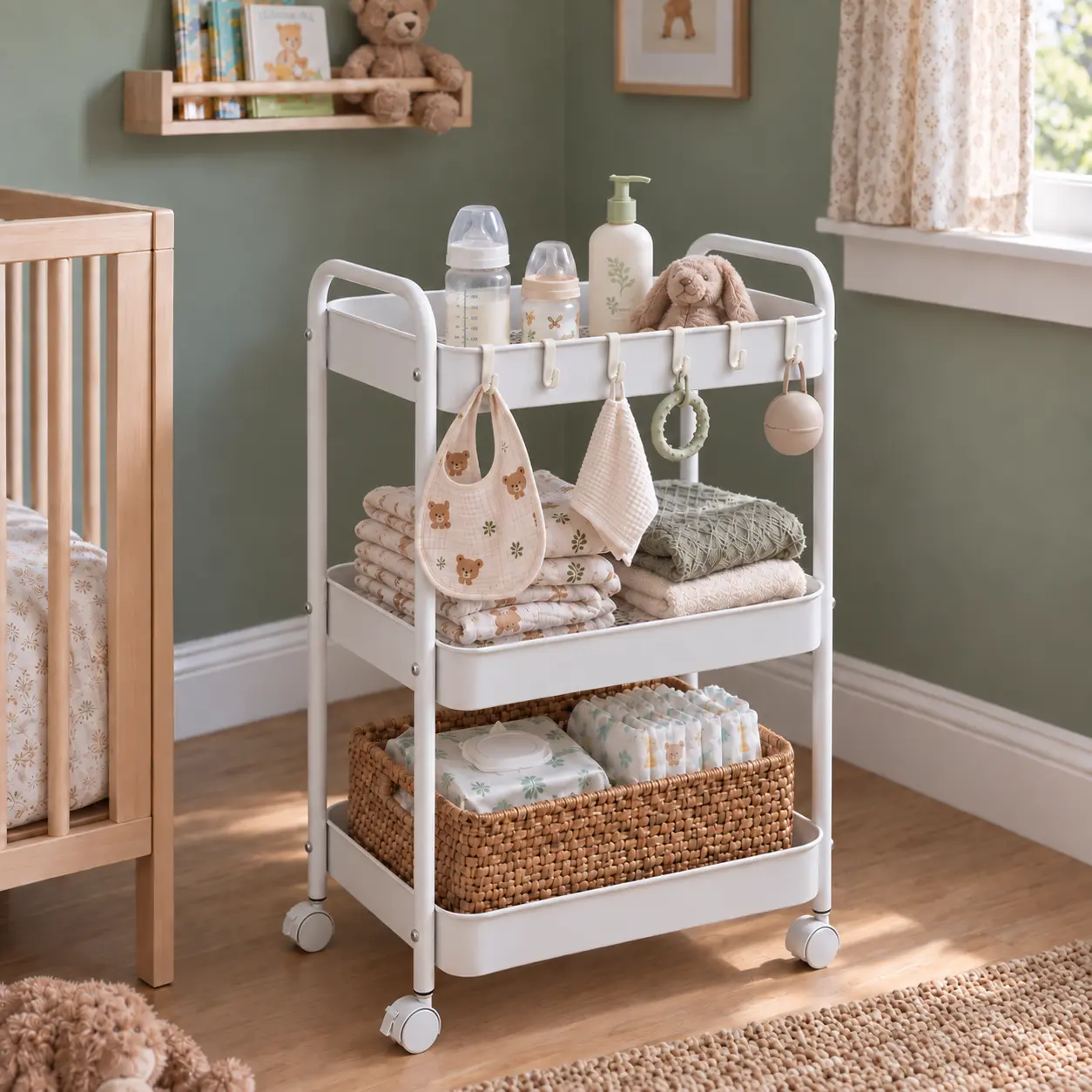 Smooth 3-Tier Movable Metal Storage Cart - Slim Rectangular Home Organizer with 6 Hooks to Keep Small Items Tidy, Handle, Plastic Hanging Fruit Holder, Adjustable Standing Shelf, Ideal for Bathroom, Bedside