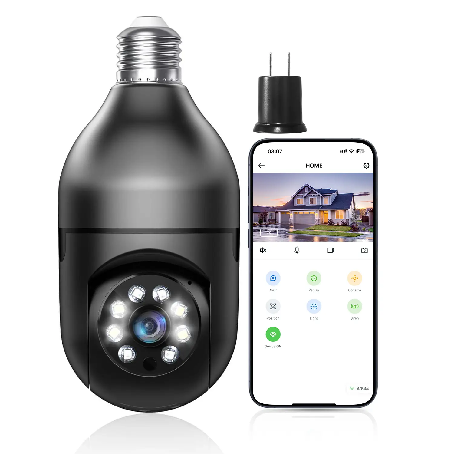 Light Bulb Security Camera WiFi 1080P Wireless Outdoor 360° View Motion Detection Siren Alarm 2-Way Audio Color Night Vision Home Security Cam Black