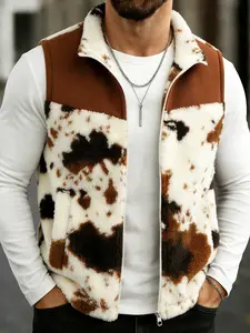Men's and women's cowhide-patterned lamb fur fleece vest Waistcoat, Knitwear vest Gilet, Western-style streetwear with thermal insulation design, Brown and white, zippered front opening, ideal for cold weather and casual layering