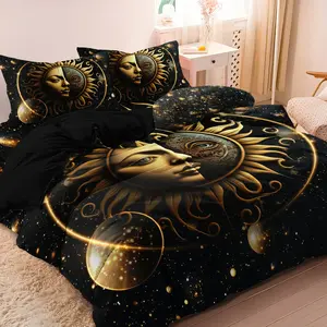 Mystical Celestial Sun And Moon Duvet Cover Set – Soft Breathable Polyester, Digital Print All-Season Bedding With Pillowcases, Machine Washable, No Duvet Insert – Artistic Starry Night Bedroom Decor（1 * Duvet Cover+2 * Pillowcase,No Core）