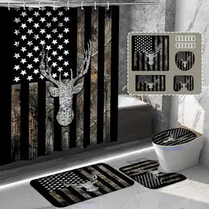 American Flag Elk Shower Curtain Set, Forest Animal Shower Curtain, Rustic Black Bathroom Decor Set,  Party Backdrop, 71 * 71 inches, 12 Plastic Hooks Deer Head Motif Easy To Install