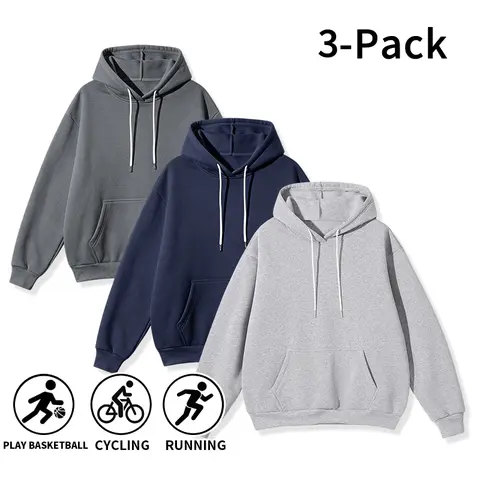 3 Pack Solid Pullover , Loose Pocket Drawstring Sweatshirts, Casual Athletic  for Basketball Cycling Running hoodies