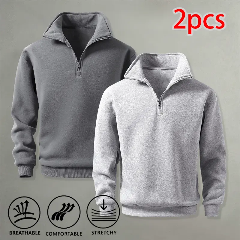 Men & Women Quarter Zip Pullover, 2-Pack — Soft Stretch Sweatshirts, Basic Solid Colors, for Daily and School Outfits