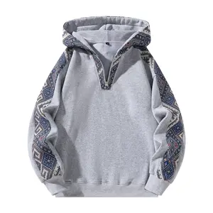 Neutral retro ethnic patchwork half-zip hoodie, a casual and comfortable regular-fit long-sleeve pullover suitable for everyday wear in autumn and winter; a casual and fashionable ethnic-patterned sportswear GARMENTARY
