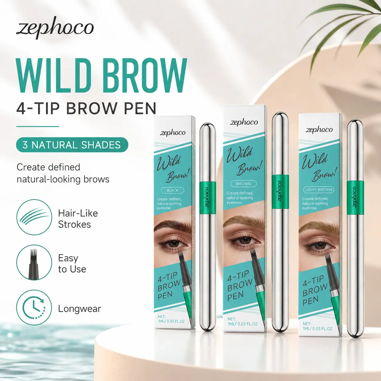 4-Tip Brown Brow Pen - Lightweight Compact Makeup Eyebrow Pencil with Hair-Like Strokes for Filling Sparse Areas, Blending, Shaping, Daily Use and Clean Every Day Brow Contour, Eyebrow Shape, Four Tips