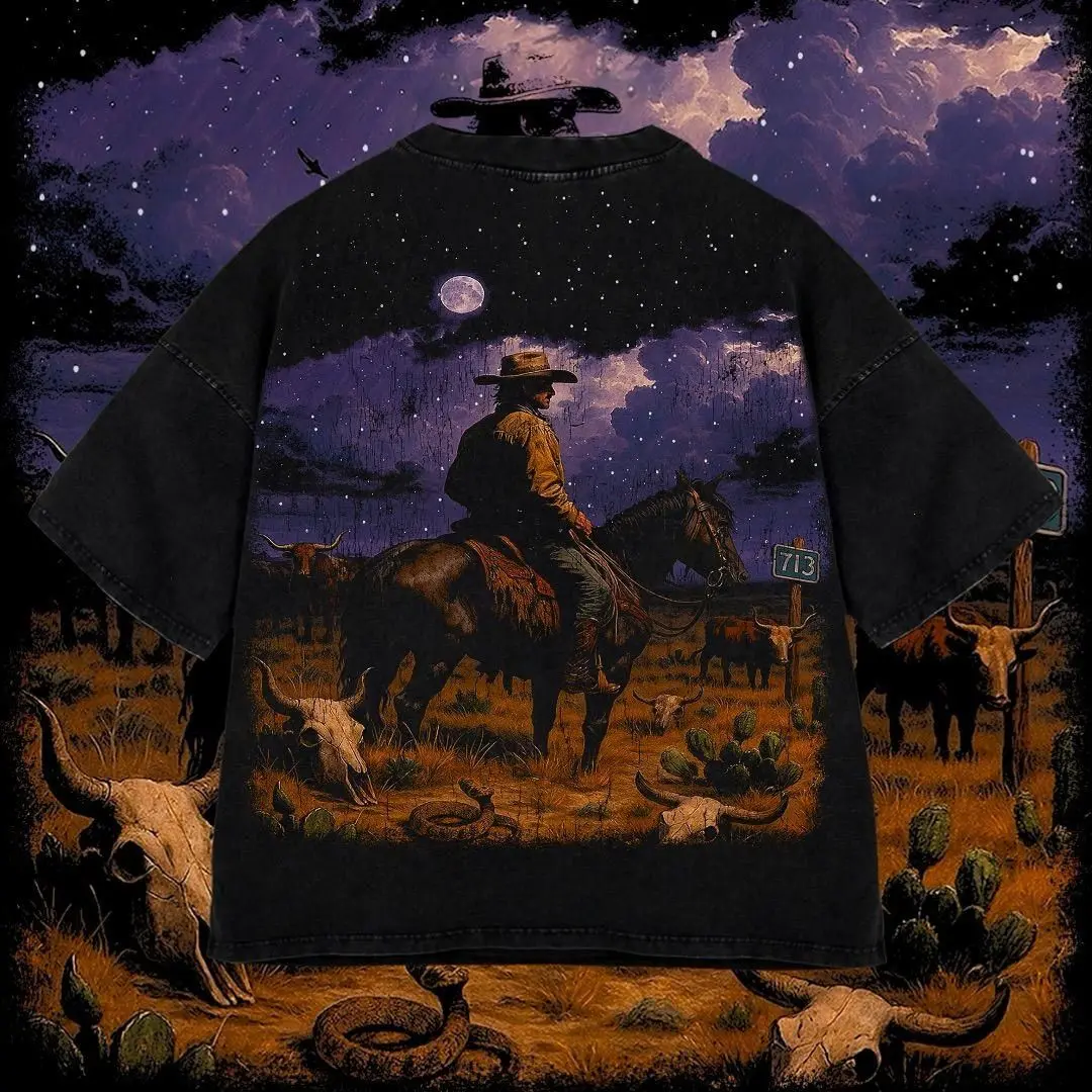 The Night Cowboy  Cool Texas Washed T-Shirt For Men, Graphic Vintage Acid Wash Heavy Cotton Tee, Streetwear Football Oversized Cowboys Texas Mexican Fans, Made In US
