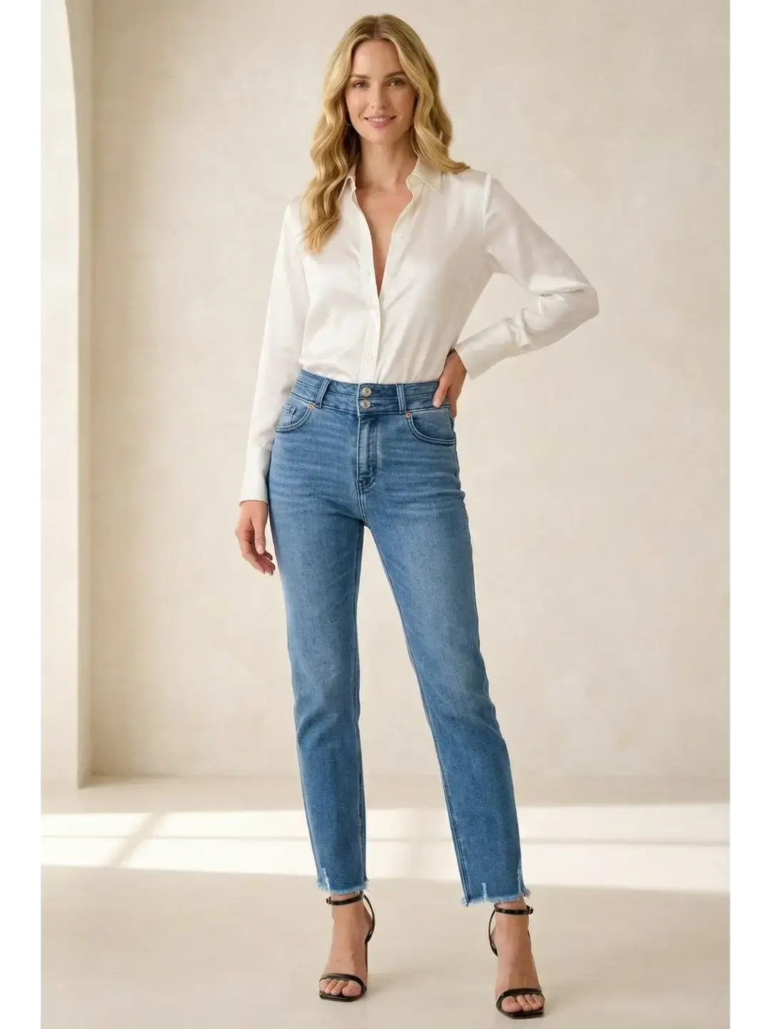 Altitude Heights Corset Double Waistband Straight Frayed Hem Jeans
