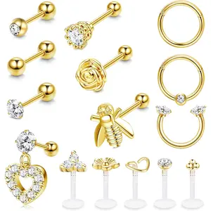 15Pcs Surgical Steel Cartilage Piercing Set | 16G Tragus Helix Conch Studs & Hoops | Hypoallergenic Silver/Gold/Rose Gold Earring Bundle for Sensitive Ears