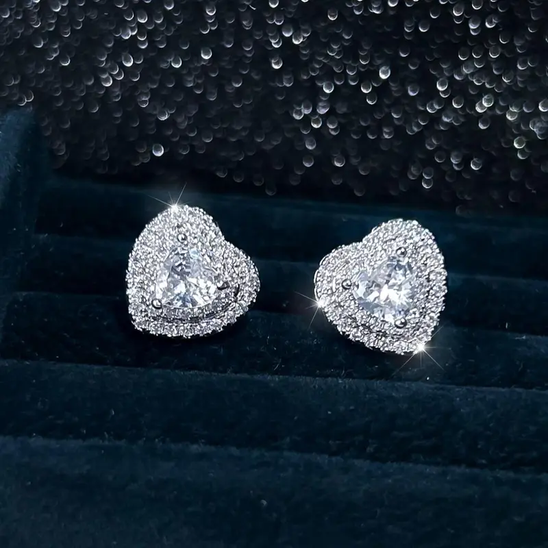 Women's Elegant Rhinestone Decor Stud Earrings, 1 Pair Trendy Heart Design Stud Earrings, Chic Luxury Jewelry for Women & Girls for Daily & Party Decor, Zircon Inlaid Stud Earrings, Shining Earrings, Heart Shape Earrings