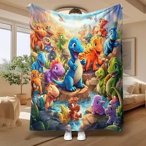 Soft Funny Throw Blanket Cartoon Dinosaur Print Pattern Flannel Blanket, Soft Comfortable, Cool Bedroom Bedding Blankets for Home Office Travel Camping, Kid Blanket