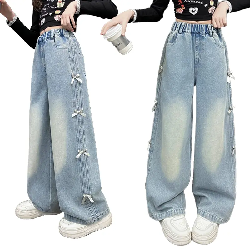 Girls' Cute Wide Leg Denim Jeans, Comfortable Fit Kids' Clothing Bottoms for Casual or Semi-Formal Occasions, Kids Clothing Girls, Pants, Piece, Clothes, Trouser, Bottom, Girls Clothes For Kids
