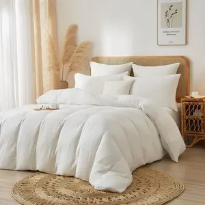 100% Cotton Muslin Duvet Cover Set Queen Size White, Soft Breathable Absorbent Gauze Bedding Duvet Cover, Luxurious Minimalist Natural Wrinkle Textured Comforter Cover 90" x 90"