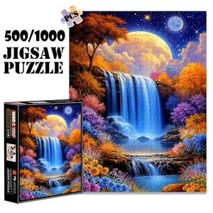 1pc 1000 piece adult puzzle 70x50cm Waterfall under Full - Moon with Colorful Trees and Flowers 500 pieces paper jigsaw puzzle suitable for DIY creative games for adults and families, birthday and