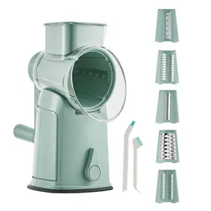 5-in-1 Rotary Cheese Grater & Vegetable Chopper with Suction Base, 10 Stainless Steel Blades & Safety Handle – for cheese, vegetables, fruits, and shredding chicken