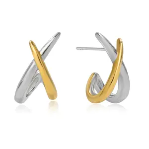 [FLAME] 18K Gold Plated Stainless Steel Two-Tone Crisscross Earrings, Waterproof Hypoallergenic, Modern Abstract Statement Jewelry for Daily Wear