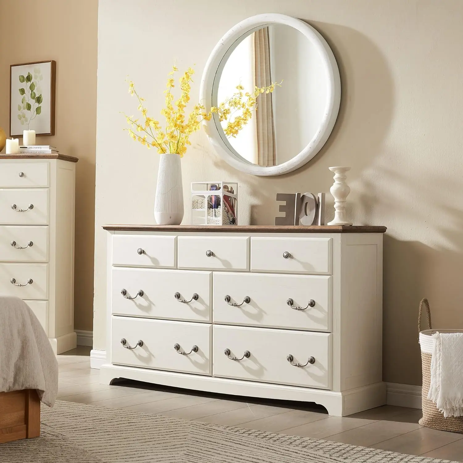 OKD 7-Drawer Rustic Wood Classic Dresser Chest with Handles & Hardware, Lacquer-Finished Organization Cabinet for Bedroom & Living Room