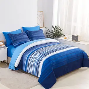 7 a Bag Stripe Comforter King Size, White and Blue Patchwork Striped Comforter and Sheet, Microfiber Complete Sets(Blue,King)