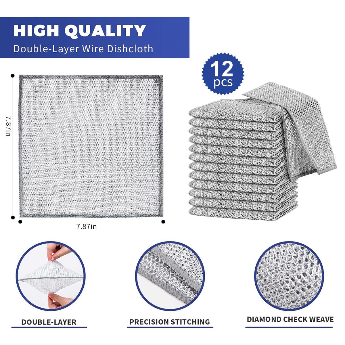 12pcs Non Scratch Wire Dishcloth Multipurpose Wire Dishwashing Rag for Wetand Dry, Metal Scrubbers for Cleaning Dishes, Dual-Sided Kitchen Cleaning Cloth with Mesh,Cleaning Tool for Pot,Silver