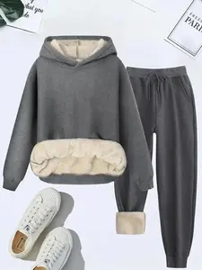 Women's Thermal Lined Solid Color Hoodie & Drawstring Waist Pants Two-Piece Set, Casual Basic Long Sleeve Hooded Sweatshirt & Pocket Trousers for Fall & Winter, Women's Clothes for Daily Wear, Breathable Summer Tops