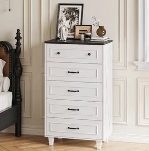 5 Drawer Dresser for Bedroom, Classic Farmhouse Tall Chest of Drawers with Vintage Relief Lines, Anti-Tip Sturdy Storage Cabinet for Living Room Entryway, White & Black