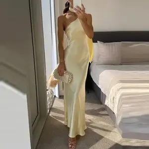 Lady Elegant Sleeveless Asymmetrical Party Dress Casual Hight Waist Evening Maxi Dress Sexy Slash Collar Halter Satin Long Dress easter  prom  dress