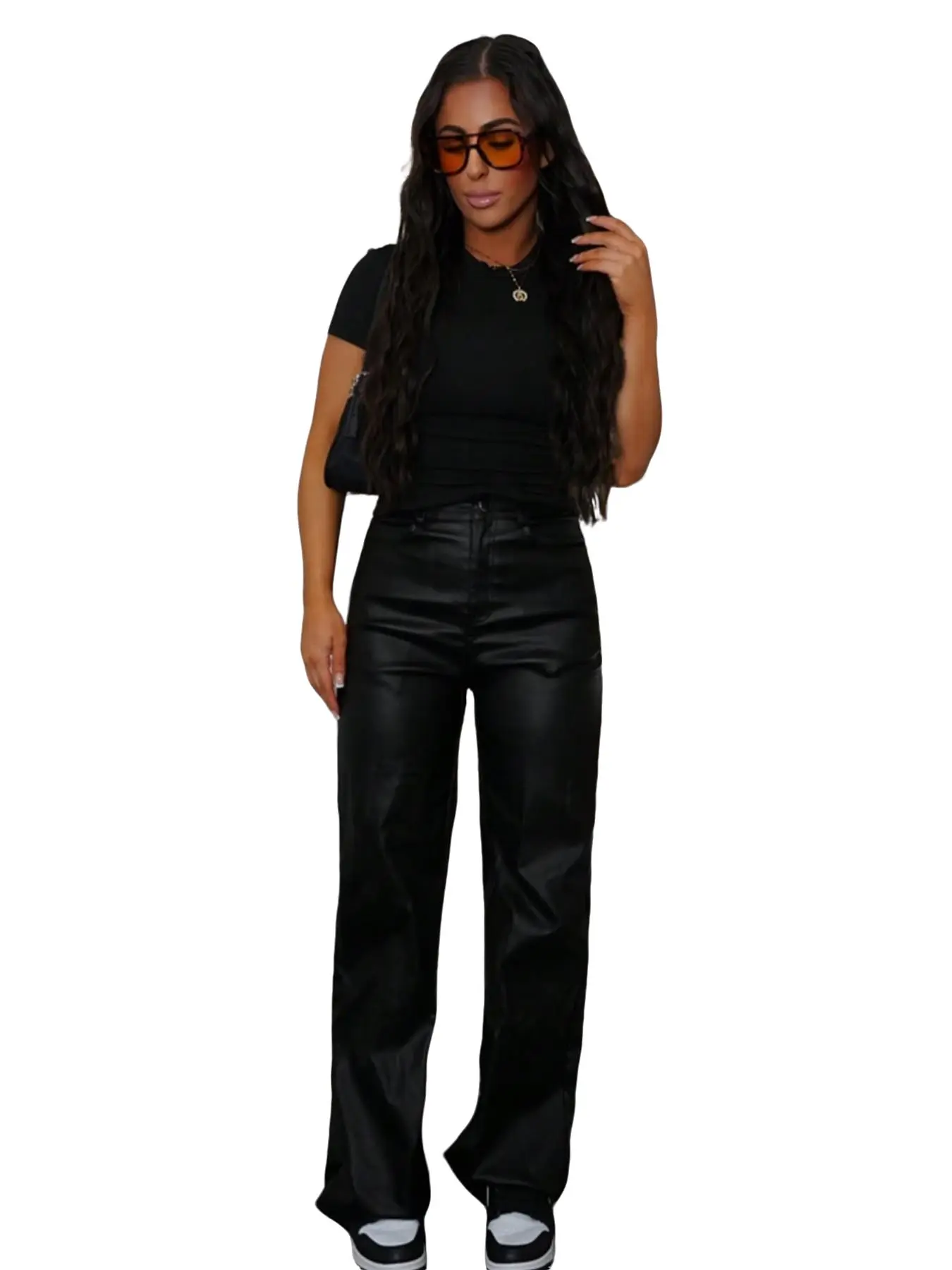 Women's Coated PU Wide Leg Pants, High Waisted Fitted Design, Plain Pattern, Pockets, All Seasons Wear, Elegant Chic Style, Trouser, Womenswear