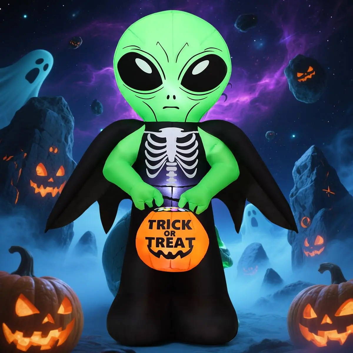 6 FT Halloween Inflatable Alien Carrying Candy Basket with Built in LED Lights, Waterproof Outdoor Blow Up Yard Decoration for Lawn, Garden, Porch and Indoor Party Display