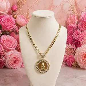 Gold Tone Virgin Pendant Necklace Cuban Link Chain Elegant Minimalist Religious Jewe/ry