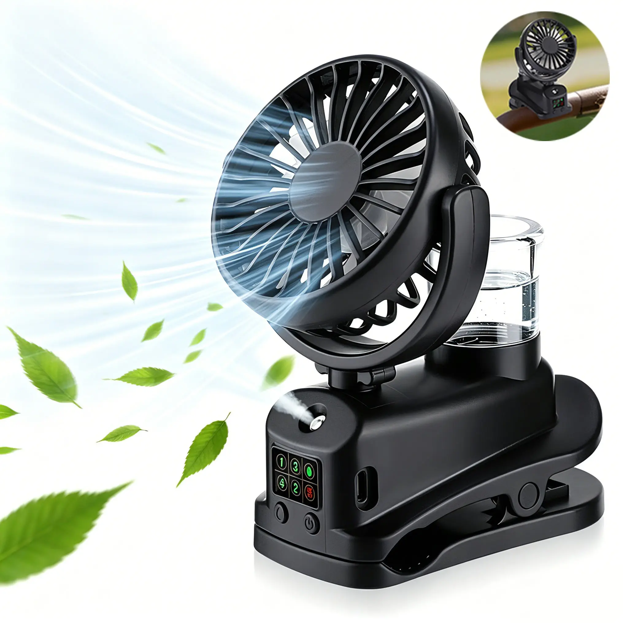 Portable Mini Desk Clip Fan with Water Spray, 360° Rotatable Hanging Fan with 4 Adjustable Speeds, Rechargeable Air Cooler for Home Office Travel Bed Stroller Camping Outdoor, USB Rechargeable Fan, Cordless Fan