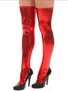 Y2K Metallic Red Thigh High Socks - Shiny Latex-Look Footed Leggings - Perfect for Parties, Cosplay & Everyday Outfits