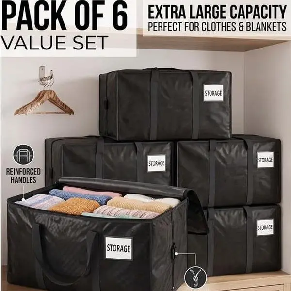 6-Pack Extra Large 24 Gal PP Material Storage Bags, Waterproof Dry & Dustproof, Abrasion & Tear Resistant, Foldable Stackable with Tag Pocket & Comfortable Handles for Clothing, Bedding (Black), Large Storage Bags