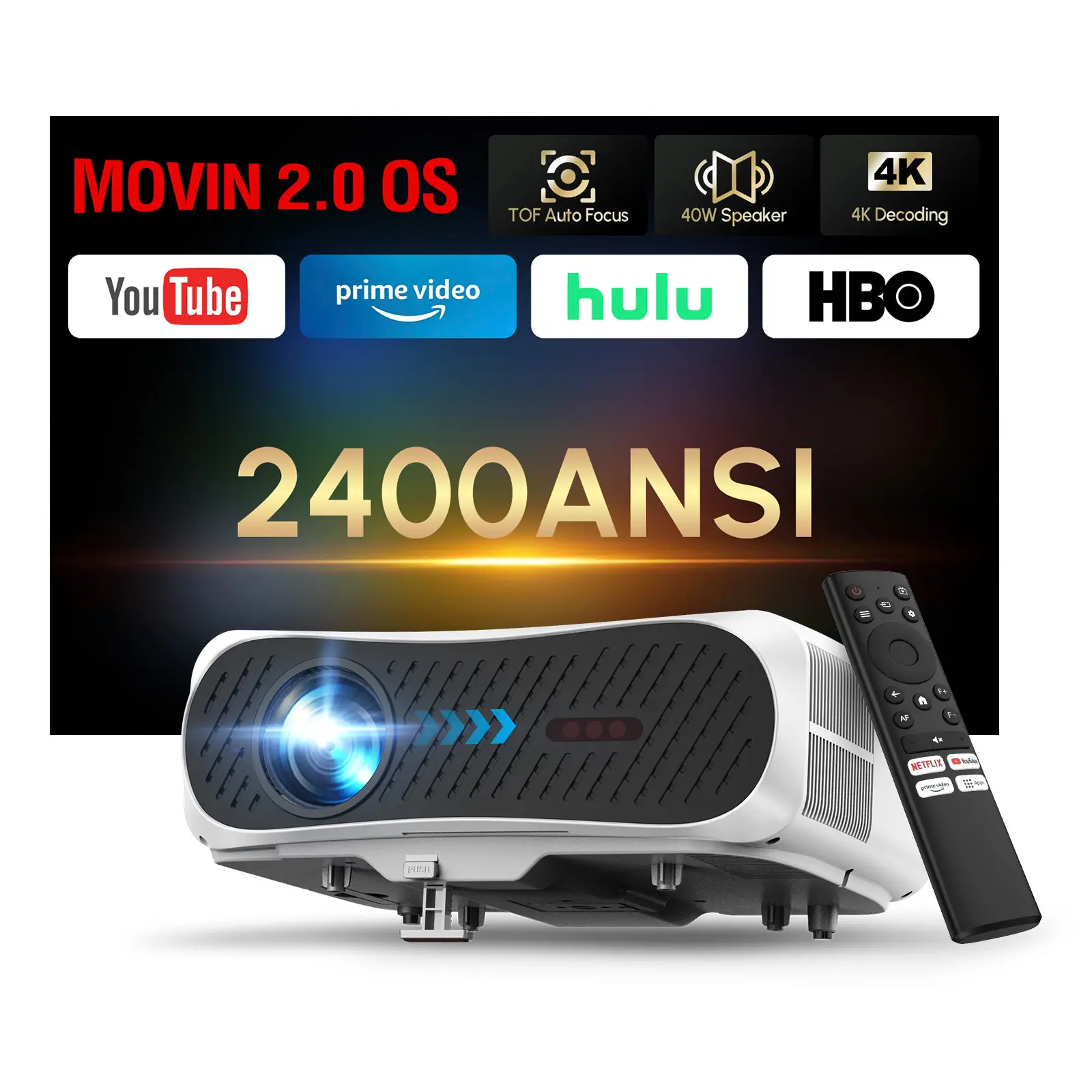 2026 Smart 4K LED Projector, 2400 ANSI Brightness, HDR 10+, WiFi 6 & Bluetooth 5.4, HDMI eARC/CEC, ToF Auto Focus, 40W DB Audio Speaker, Auto Lens Cover, Home Theater Projector for Movies, Gaming, Bedroom, Living Room