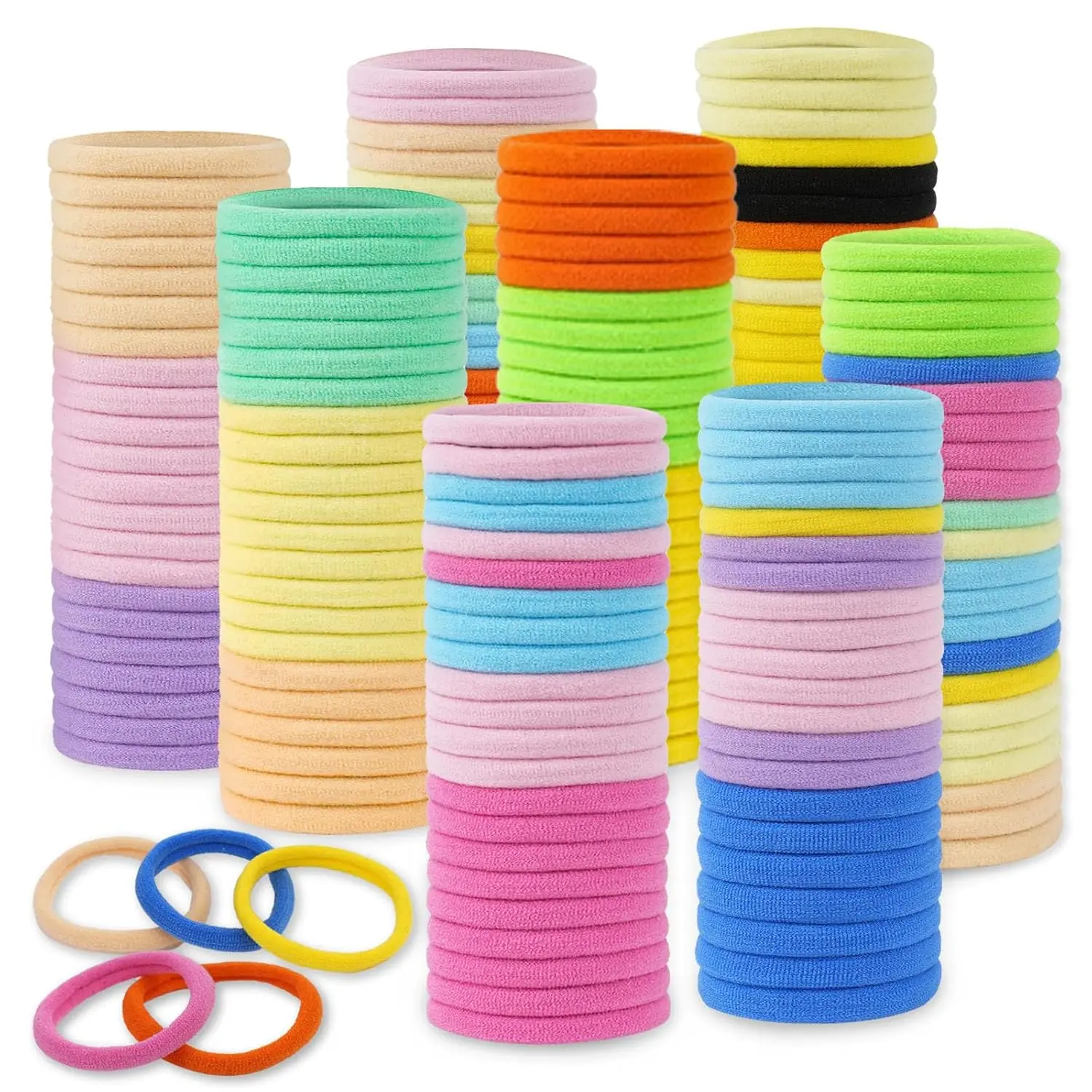 100 Elastic Band Scrunchies for Women, Colorful Flexible and Durable Seamless No-Damage Cotton Hair Accessories, Everyday Essentials for Thick Hair, Women/Girls, Everyday Wear