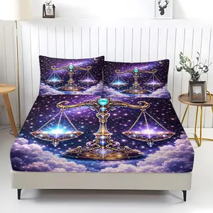 Gorgeous Mysterious Gold Balance Scale 3pcs Fitted Sheet Set,Captivat Purple Starry Top Inlaid with Blue Gemstones  Deep Starry Sky Crescent Moon Bedding Set.Bright Colors.Made of Soft Microfiber Material,Includes 2 Pillowcases, Not Include Pillow Insert.