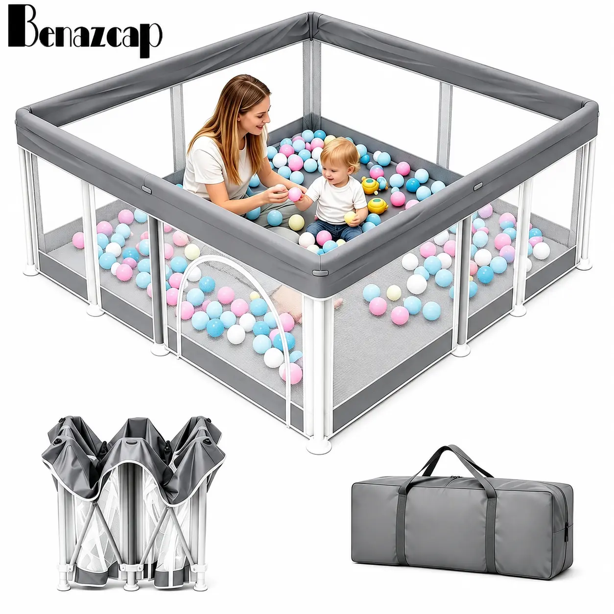Benazcap Extra Large Foldable Baby Playpen - Breathable Mesh Safety Play Yard with Safety Fence, Zipper Door, Quick Folding & Collapsible Design, Portable Indoor/Outdoor Toddler Activity Center